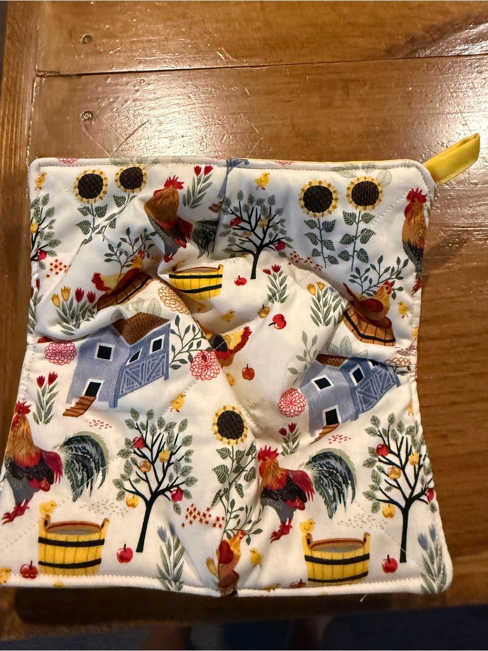 Hand Crafted Farmhouse Rooster Oven Mitts - White, Yellow, Blue, Red